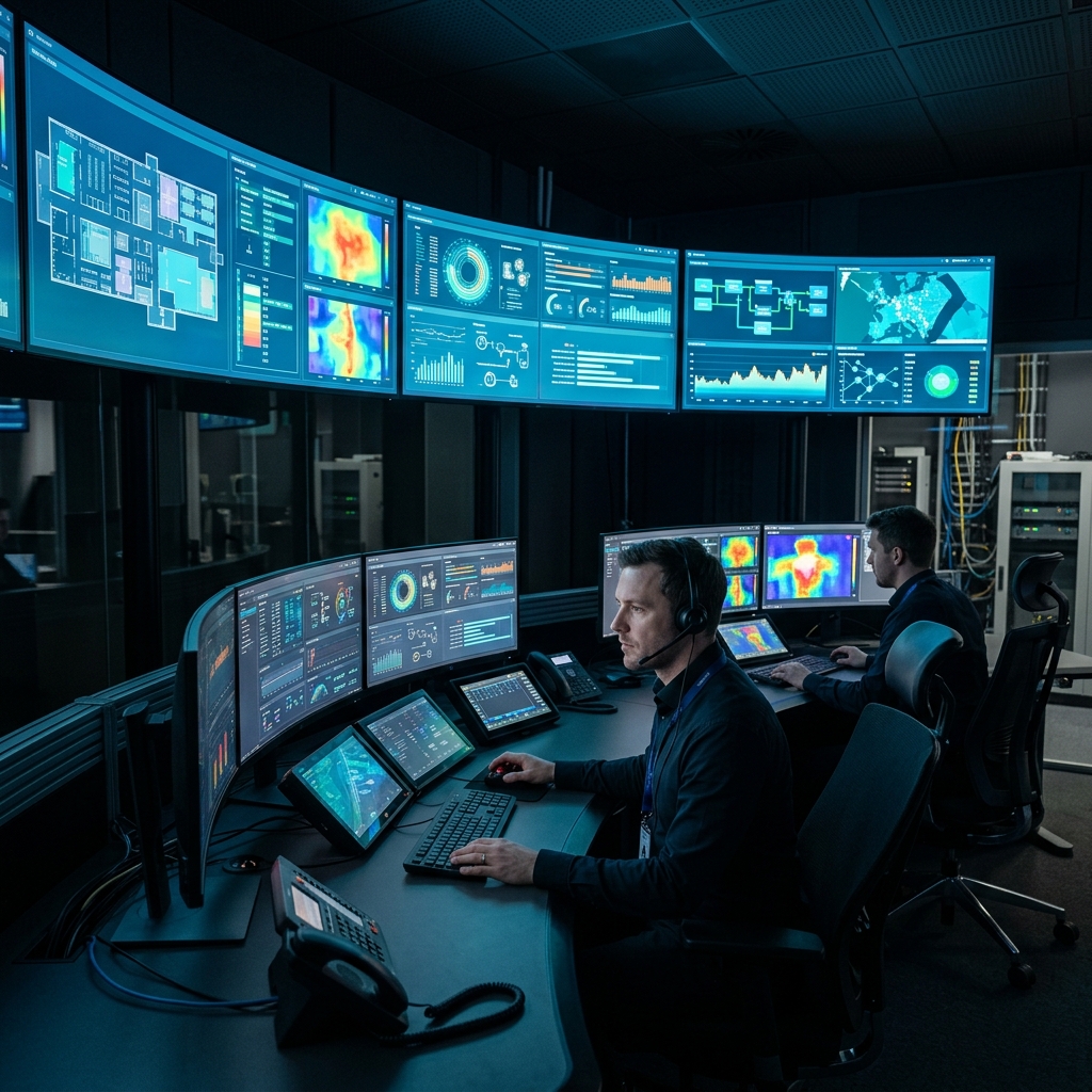 Cueron IoT monitoring control room with real-time dashboards